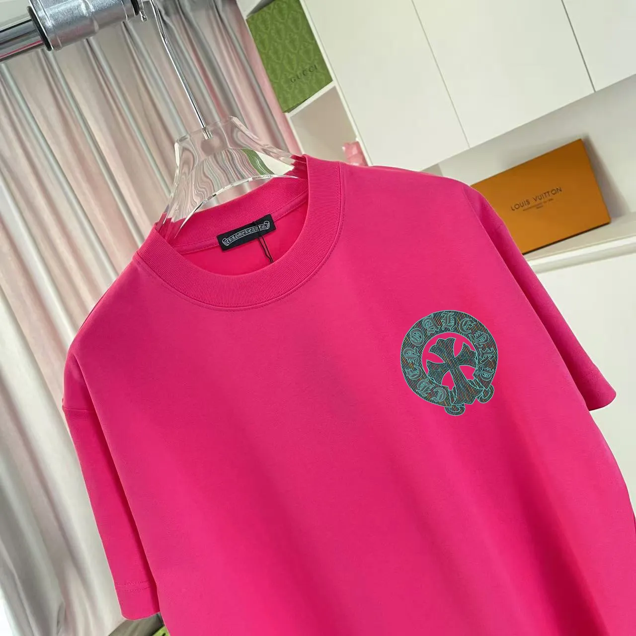 🅿️170 ch Crow*2025 summer new style Sanskrit cross horseshoe print short-sleeved T-shirt customized fabric 300g same style for men and women Size: S M L XL XXL five sizes Color: black white pink rose red iron gray